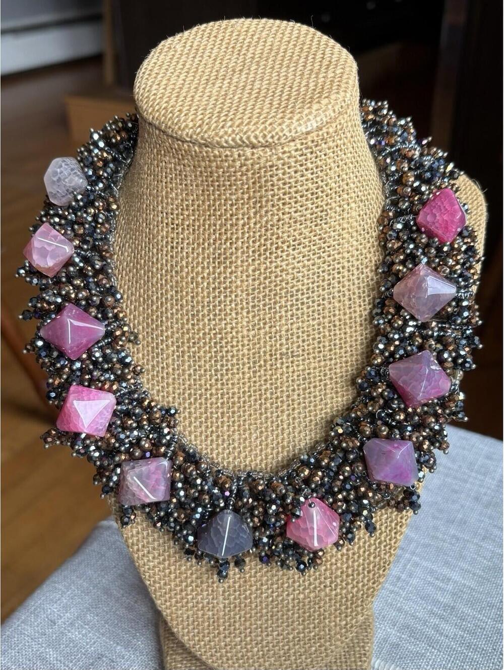 Statement Beaded Collar Necklace Pink Crackle Glass Czech Beads